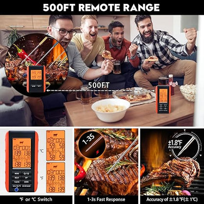 Wireless Meat Thermometer for Grilling and Smoking, Food Thermometer for BBQ Smoker Oven Cooking Steak, Grill Thermometer for Outside Grill with 4 Meat Probes, Kitchen Timer - Image 3
