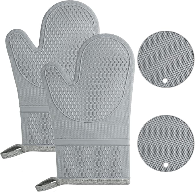 AUAUY Oven Mitts with 2 Potholders, Silicone Oven Gloves Heat Resistant 464°F, Non-Slip Silicone BBQ Gloves, Waterproof Cooking Gloves, Oven Gloves for Barbecue Kitchen Baking Microwave, Grey by AUAUY