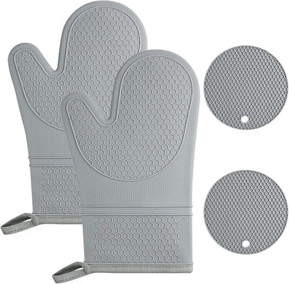 AUAUY Oven Mitts with 2 Potholders, Silicone Oven Gloves Heat Resistant 464°F, Non-Slip Silicone BBQ Gloves, Waterproof Cooking Gloves, Oven Gloves for Barbecue Kitchen Baking Microwave, Grey by AUAUY