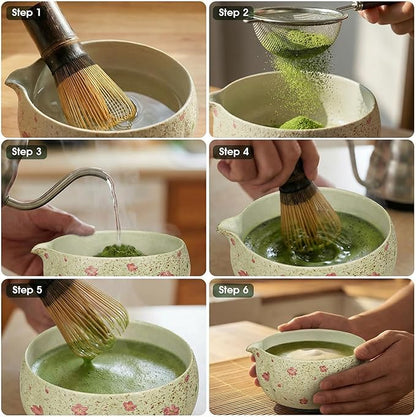 Matcha Whisk Set, 7-Piece Matcha Kit with Ceramic Bowl, Bamboo Whisk, Scoop, Sifter, Holder & Bamboo Mat – Premium Matcha Tea Set for Beginners & Matcha Lovers, Gift Ready
