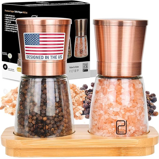 Premium Salt and Pepper Grinder Set with Bamboo Holder - 6 oz, Copper Stainless Steel - S&P Spice Shakers - Refillable & Adjustable Coarseness Hand Mill for Spices & Seasonings - by PJC-Kitchen by PJCKitchen