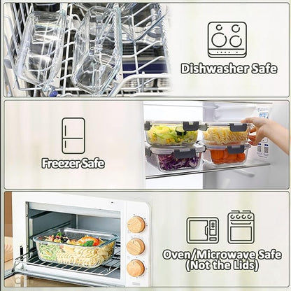 M MCIRCO 10-Pack Glass Food Storage Container with Lids, Airtight Lunch Bento Boxes, Glass Meal Prep Container,Microwave, Oven, Freezer and Dishwasher Friendly