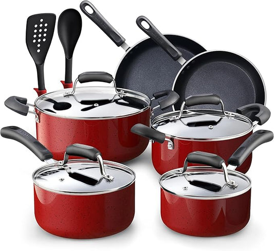 Cook N Home Pots and Pans Nonstick Cookware Set 12-Piece, Kitchen Cooking Set with Frying Pans and Saucepans, Induction Compatible, Marble Red by CookNHome