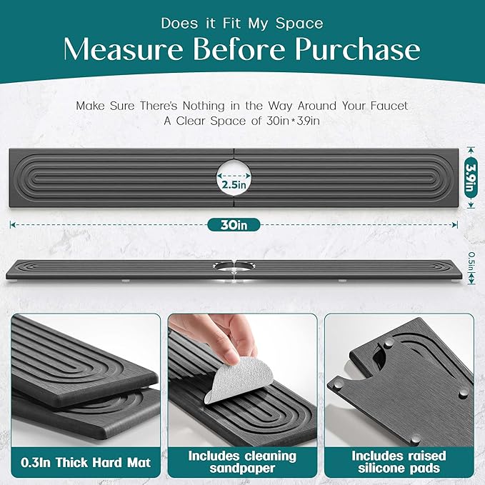 eormoe 30 inch Kitchen Faucet Absorbent Mat - Diatomaceous Earth Splash Guard for Sink Faucet, Aesthetic Water Absorbing Stone Tray in The Modern Home (30" x 3.9", Dark grey) - Image 2