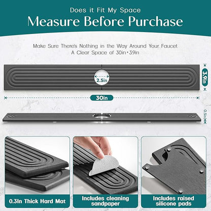 eormoe 30 inch Kitchen Faucet Absorbent Mat - Diatomaceous Earth Splash Guard for Sink Faucet, Aesthetic Water Absorbing Stone Tray in The Modern Home (30" x 3.9", Dark grey) - Image 2