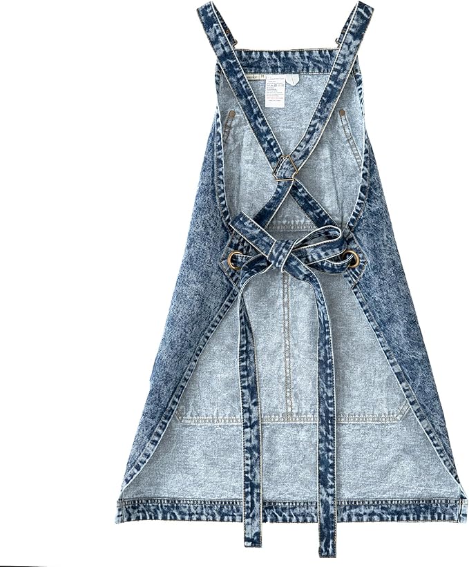 Jeanerlor - Cotton Tool Denim Work Apron with Convenient Pockets for Women Cross Straps & Adjustable(Denim Blue) - Image 4