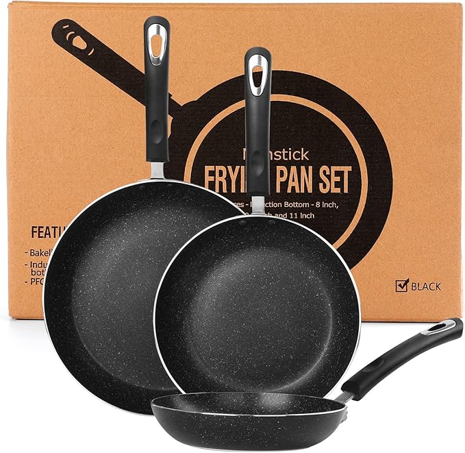 Frying Pan 3-Piece Set, Nonstick Skillet Set for Induction Cooktop, Frying Pan Nonstick 8 Inch+9.5 Inch +11 Inch (Black) by RATWIA