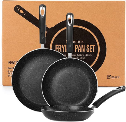 Frying Pan 3-Piece Set, Nonstick Skillet Set for Induction Cooktop, Frying Pan Nonstick 8 Inch+9.5 Inch +11 Inch (Black) by RATWIA