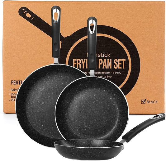 Frying Pan 3-Piece Set, Nonstick Skillet Set for Induction Cooktop, Frying Pan Nonstick 8 Inch+9.5 Inch +11 Inch (Black) by RATWIA