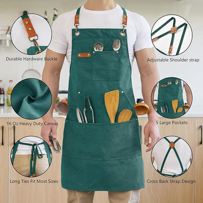Aoomzoon Canvas Aprons for Men Chef Apron, Work Apron with Large Pockets - 16oz Heavy Duty Cross Back, BBQ, Cooking
