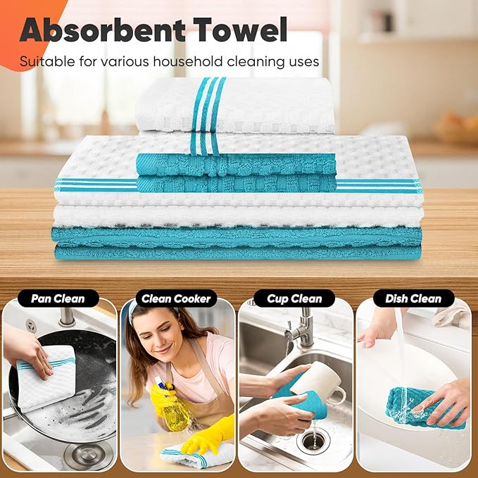 Oven Mitts Kitchen Towels and Dishcloths with Pot Holders Sets, Oven Gloves Hot Pads 500°F Heat Resistant with Silicone Grip, Include 2 Cooking Gloves/2 Potholders/4 Kitchen Towels/4 Dish Towels - Image 4