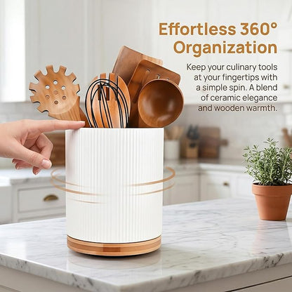 QUELIEN Utensil Holder, 360° Rotating Ceramic Kitchen Utensil Holder for Countertop, 7.7" Utensil Crock for Kitchen Counter with Rotatable Wooden Base,Ideal Housewarming Gift & Mothers Day Gift