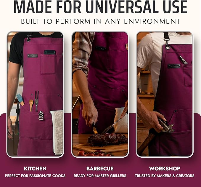 Asaya Chef and BBQ Apron with Bottle Opener and Hand Towel - 10oz Cotton Canvas, Stainless Steel Hardware - Cross Back Straps - Image 7