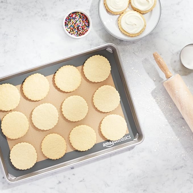 Amazon Basics Non-Stick Silicone Baking Mat, Food Safe, Dishwasher Safe, Heat Resistant, 16.5" x 11.6", Beige/Gray, Rectangular, 4-Pack - Image 5