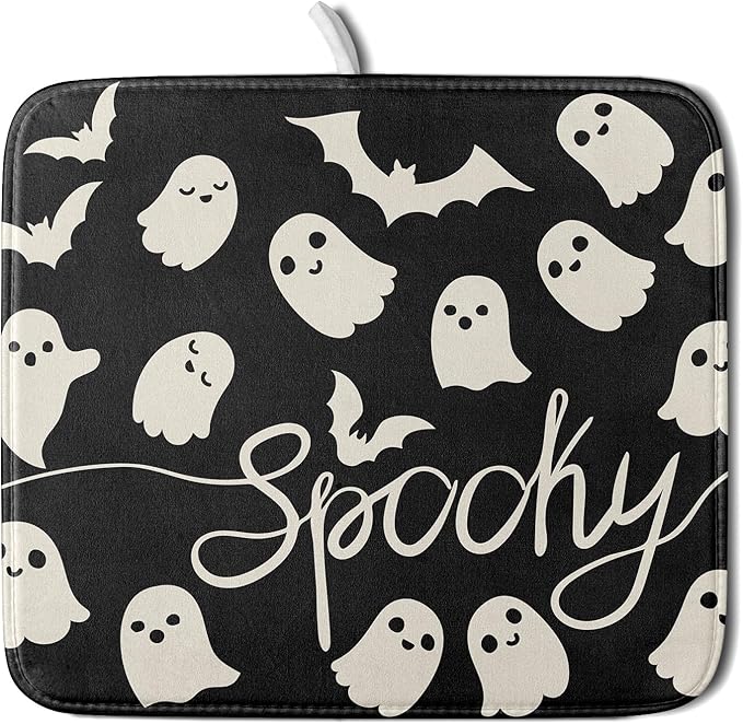 Halloween Dish Drying Mat for Kitchen Counter 16x18 Cute Ghost Black Spooky Holiday Scary Theme Absorbent Reversible Microfiber Drying Mats Kitchen Countertop Protector Dishes Drainer Pad by Aytipun