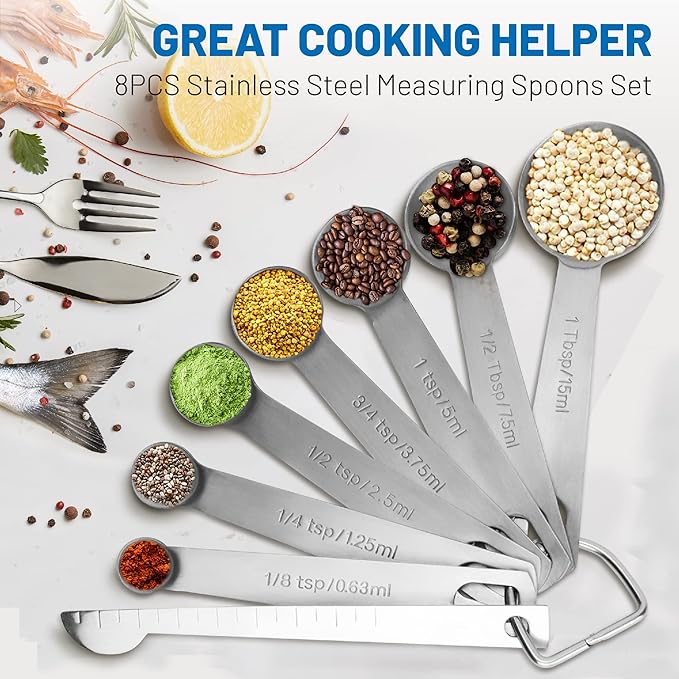 8PCS Measuring Spoons, Premium Heavy Duty Stainless Steel Measuring Spoons Cups Set, Small Tablespoon with Metric and US Measurements, Set of 8 for Measuring Dry and Liquid Ingredients - Image 2