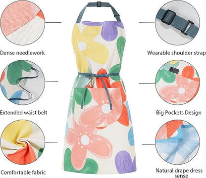 2 Pack Floral Apron for Women with Pockets, Adjustable Cotton Chef Aprons for Kitchen, Cooking, BBQ & Grill