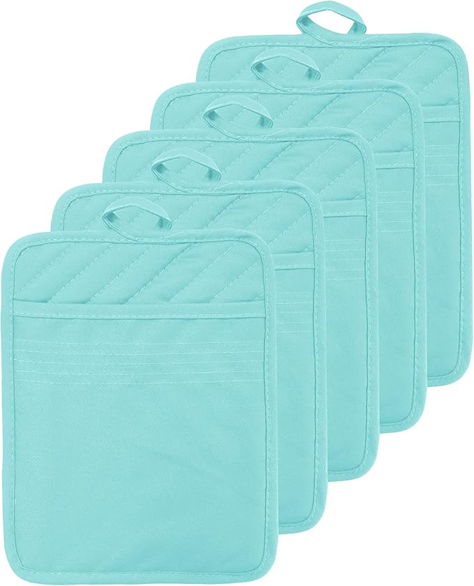 Oven Pot Holder with Pocket Cotton Heat Resistant Coaster Potholder Kitchen Hot Pad Oven Mitts for Cooking Square 7"x9"Set of 5 (Aqua) by VEIKERY