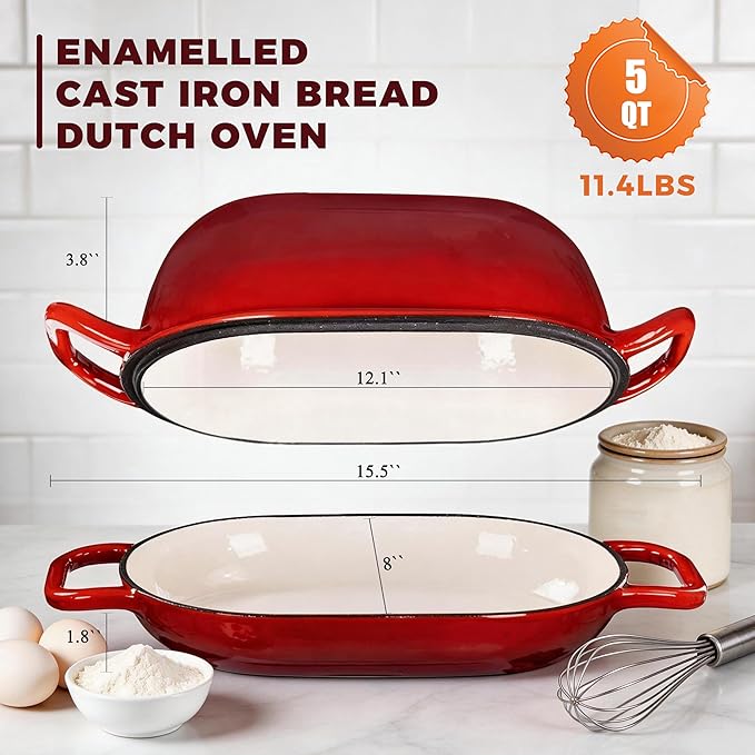 Oval Dutch Oven for Bread Baking, 12 x 8 Inch Cast Iron Bread Oven for Sourdough, Dutch Oven Bread baking Pan for a Crispy Crust, 5QT, Cherry