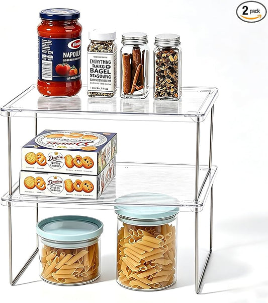 IVYHOME Pantry Organizer, Cabinet Storage Shelf Rack, Stackable Kitchen Cabinet, Foldable Countertop Shelf Organizer, 2 Pack