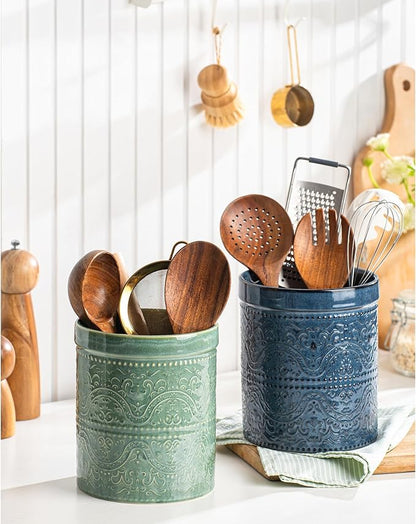 Kitchen Utensil Holder, 7 Inches Large Ceramic Utensil Holder for Countertop, Lace Emboss Cooking Utensil Crocks for Kitchen, Home Decor, Reactive Blue - Image 5