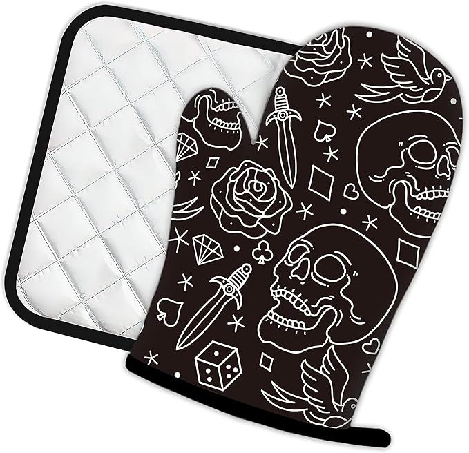 Skull Head with Rose Oven Mitts and Pot Holders Kitchen Cooking Gloves 2 Pcs Set Heat Resistant Pad for Baking BBQ Home Decor