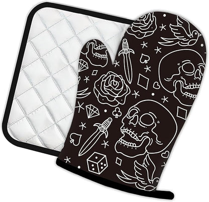 Skull Head with Rose Oven Mitts and Pot Holders Kitchen Cooking Gloves 2 Pcs Set Heat Resistant Pad for Baking BBQ Home Decor