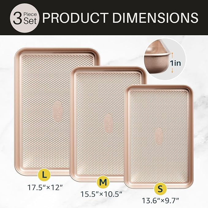 3Pcs Baking Sheet Pan Set, Large Nonstick Cookie Sheets Set, Jelly Roll Pans, Heavy Duty Carbon Steel Cookies Sheet for Oven, Diamond Texture, Gold - Image 2