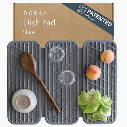 Dorai Home Dish Pad - Collapsable Stone Dish Drying Mat with Diatomaceous Earth for Quick Drying - Ultra Absorbent - Encased in Woven Silicone - Eco-Friendly, Foldable - Original 19.9"x15.2", Slate by DoraiHome