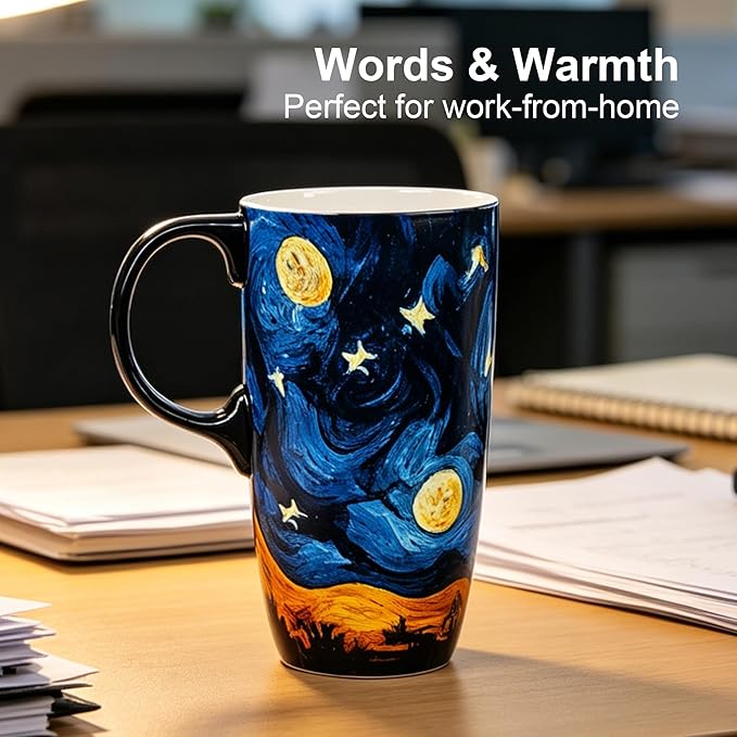 Topadorn Ceramic Coffee Travel Mug with Lid and Handle - 17 Oz Large Ceramic Latte Teacup with Color Box, Splash Resistant Lid - To Go Tumbler for Car Cup Holder, Starry Sky