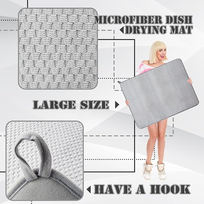 2 Pack Extra Large Microfiber Dish Drying Mat,30 x 24 Inch Super Absorbent Drying Pad,Large Size Dish Drying Mat for Countertops,Sinks,Draining Racks,Gray - Image 3