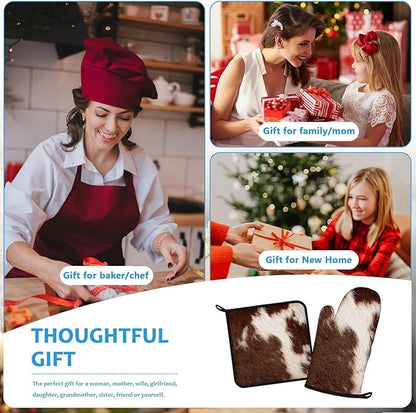 Brown Cow Print Oven Mitts and Pot Holders Sets Heat Resistant 4Pcs Potholders Oven Gloves Hot Pads for Kitchen Baking Cooking Grilling BBQ