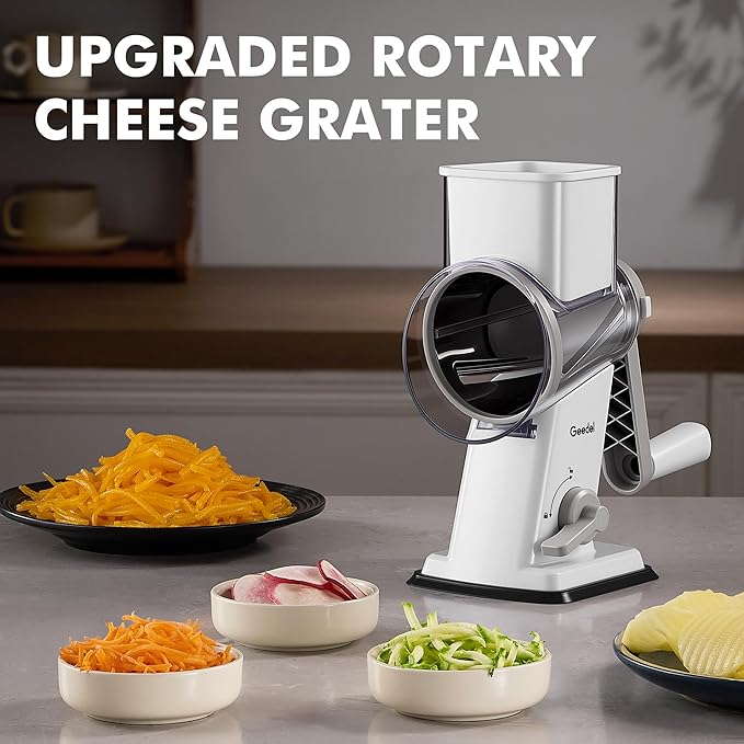 Geedel Rotary Cheese Grater - Upgraded Vegetable Shredder with 4 Interchangeable Blades, Easy to Clean Cheese Shredder with Handle, Kitchen Grater Nuts Grinder for Cutting Cheese, Vegetable, Nuts - Image 7