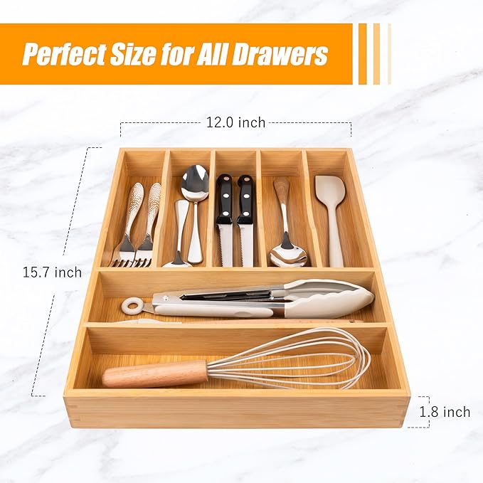 Bellsal Bamboo Silverware Drawer Organizer, Kitchen Utensil Drawer Organizers, 12"x15.7" Utensils Holder Cutlery Tray with Grooved Drawer Dividers for Kitchen Flatware Bedroom Office(7 Slot, Natural) - Image 3