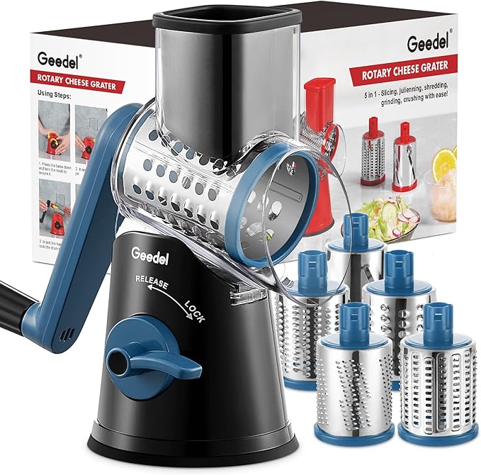 Geedel Rotary Cheese Grater Cheese Shredder - Upgraded 5-in-1 Cheese Grater with Handle and Strong Suction Base, Multi-purpose Vegetable Slicer Ice Shaver Nuts Grinder for Ice, Vegetables, Fruit, Nuts by Geedel
