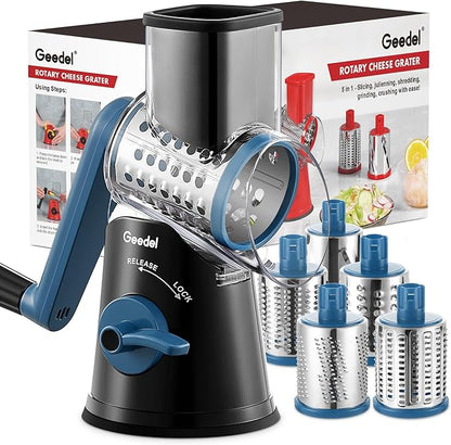 Geedel Rotary Cheese Grater Cheese Shredder - Upgraded 5-in-1 Cheese Grater with Handle and Strong Suction Base, Multi-purpose Vegetable Slicer Ice Shaver Nuts Grinder for Ice, Vegetables, Fruit, Nuts by Geedel