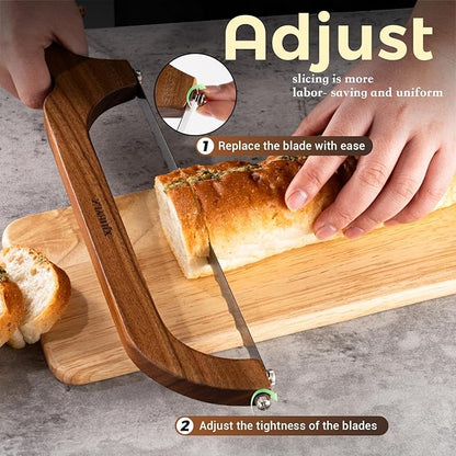 Sourdough bread knife,Bread slicer for homemade bread,Adjustable blade tightness for Even Slicing, Serrated knife,Wooden bread cutter with Bow Design (1, brown)