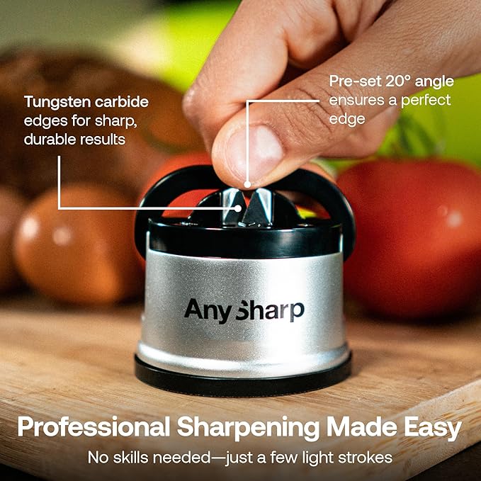 AnySharp – GLOBAL – Hands Free Knife Sharpener - Easy to Use Sharpening Tool with PowerGrip Suction Base and 20-Degree Pre-set Angle - For All Knives: Chef’s, Serrated, and Hardened Steel - Silver - Image 5