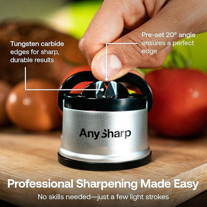 AnySharp – GLOBAL – Hands Free Knife Sharpener - Easy to Use Sharpening Tool with PowerGrip Suction Base and 20-Degree Pre-set Angle - For All Knives: Chef’s, Serrated, and Hardened Steel - Silver - Image 5