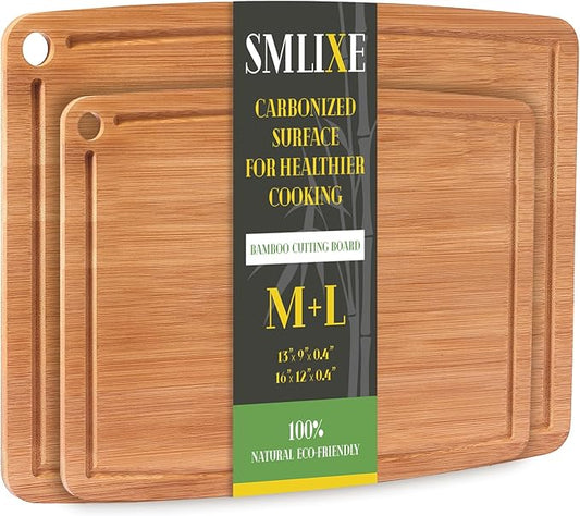 Bamboo Cutting Boards for Kitchen Set of 2, Carbonized Wood Cutting Board Set with Deep Juice Groove for Chopping Meat, Vegetables, Fruits, Nuts, Lightweight & Durable, Ideal Kitchen Gift by smlixe