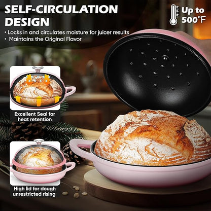 Bread Dutch Oven for Sourdough Baking (5.5 QT), Joyfair Enameled Cast Iron Dutch Oven Pot with Lid, Sourdough Bread Pan with Heavy Duty Dual Handles, Non-Stick & Even Heat, Oven-safe up to 500°F, Pink - Image 3