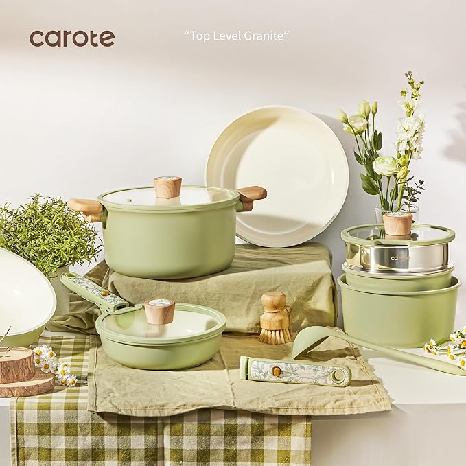 CAROTE 25-Piece Ceramic Cookware Set, Nonstick Pots and Pans Set with Detachable Handle, Non-Toxic Kitchen Cooking Set, Dishwasher & Oven Safe, Induction Compatible, PFAS Free, Green - Image 9