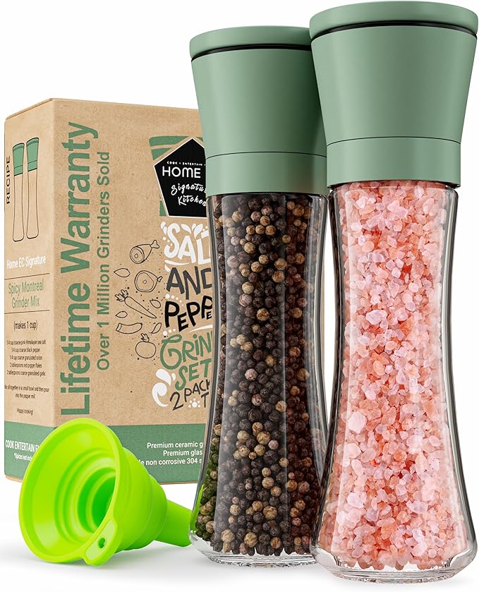 Home EC Premium Green Sea Salt and Pepper Grinder Set of 2 - Adjustable Ceramic - Tall Glass Salt and Pepper Shakers - Kitchen Pepper Mill & Salt Mill W/Funnel & EBook by HOMEEC
