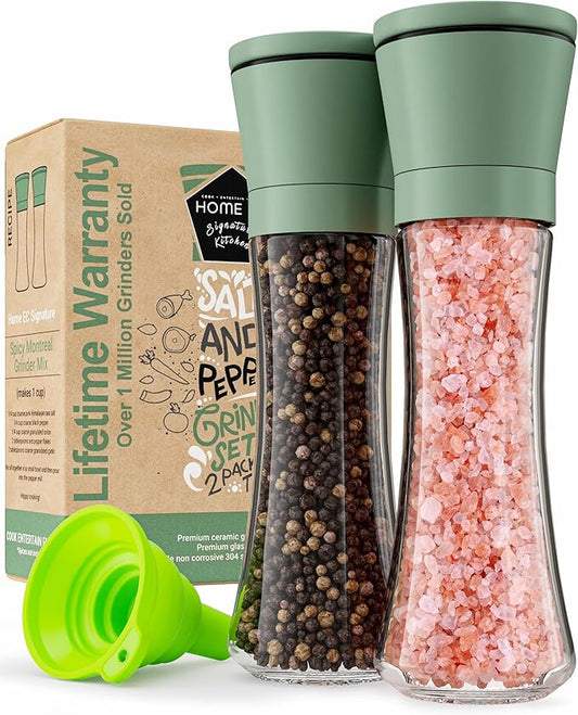 Home EC Premium Green Sea Salt and Pepper Grinder Set of 2 - Adjustable Ceramic - Tall Glass Salt and Pepper Shakers - Kitchen Pepper Mill & Salt Mill W/Funnel & EBook by HOMEEC