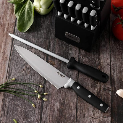 hecef Kitchen Knife Block Set, 14 Pieces Knife Set with Wooden Block & Sharpener Steel & All-purpose Scissors, High Carbon Stainless Steel Cutlery Set (Black)