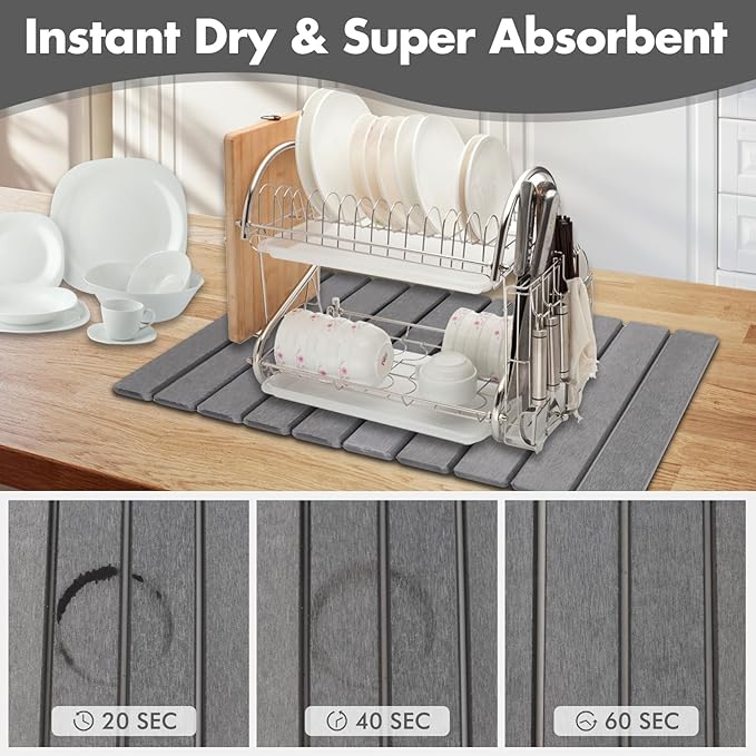 Large Stone Dish Drying Mat for Kitchen Counter, Eco-friendly, Instant Drying Pad,Diatomaceous Earth Water Absorbing Mat, Foldable and Super Absorbent Dish Drying Stone Mat, 24"×16", Dark Gray - Image 5