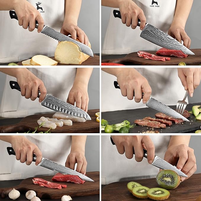 Damascus Kitchen Knife Sets, 9 Pieces Kitchen Knives Set with Block, ABS Ergonomic Handle for Chef Knife Set, Knife Sharpener and Kitchen Shears, Knife Block Set