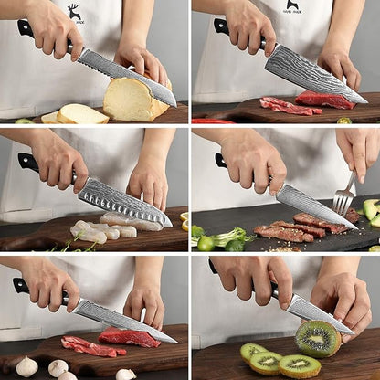 Damascus Kitchen Knife Sets, 9 Pieces Kitchen Knives Set with Block, ABS Ergonomic Handle for Chef Knife Set, Knife Sharpener and Kitchen Shears, Knife Block Set