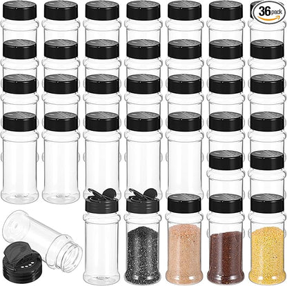 36 Pack 3 oz Clear Plastic Spice Jars with Shaker Lids, Black Caps, Empty Spice Bottles Seasoning Containers for Kitchen, Powders, Pepper
