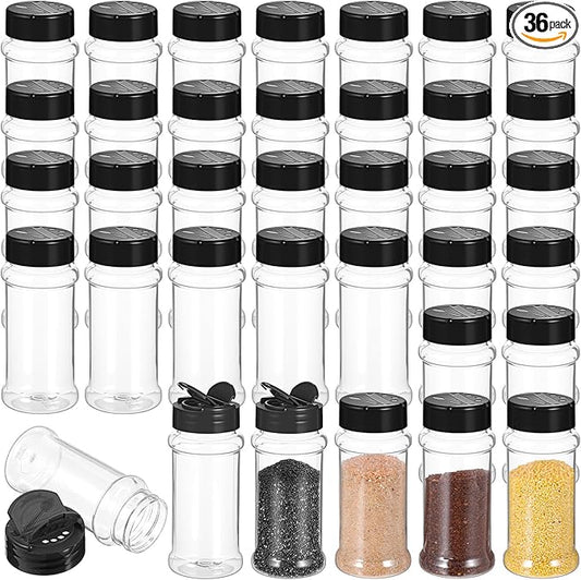 36 Pack 3 oz Clear Plastic Spice Jars with Shaker Lids, Black Caps, Empty Spice Bottles Seasoning Containers for Kitchen, Powders, Pepper